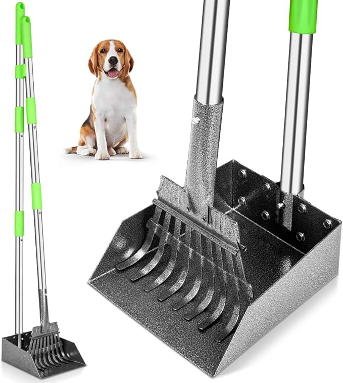 Dog pooper scooper with long handle stainless steel tray and rake for outdoor cleaning