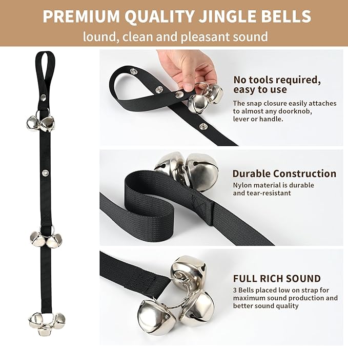 Dog training bells with 3 adjustable snaps for puppies and adult dogs.