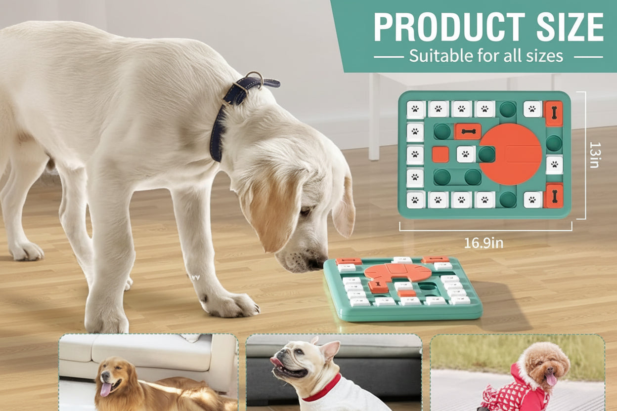 Dog puzzle toy with treat compartment, suitable for dogs during supervised daily play and feeding time.