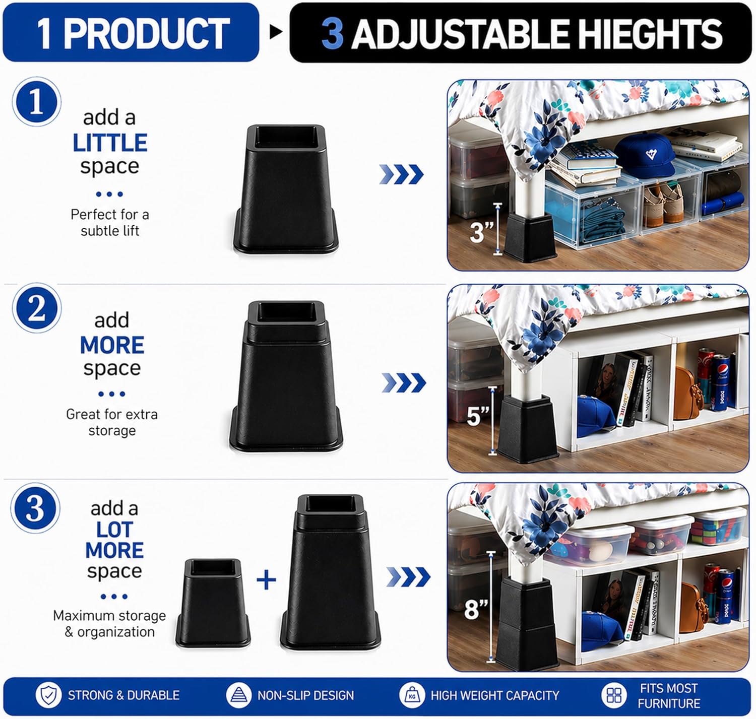 Dorm room bed risers for raising selected furniture and saving floor space.