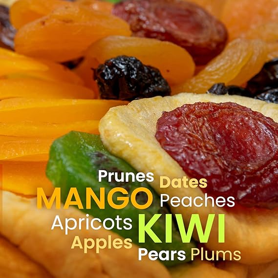 Open dried fruit gift box displaying assorted fruit slices and pieces