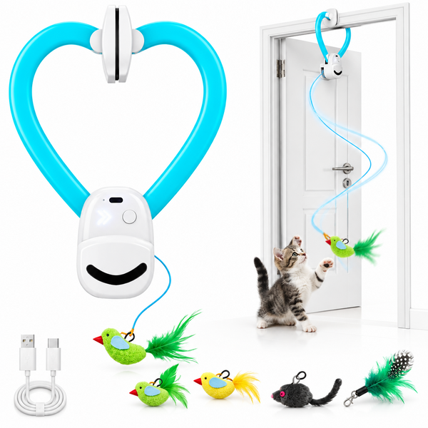 USB Rechargeable Interactive Cat Wand Toy with Automatic Feather Chase, Bird and Mouse Attachments for Indoor Cat Play