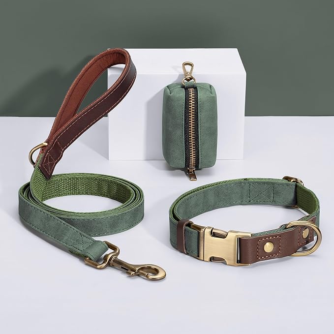 Easy clean dog collar green waterproof PU leather