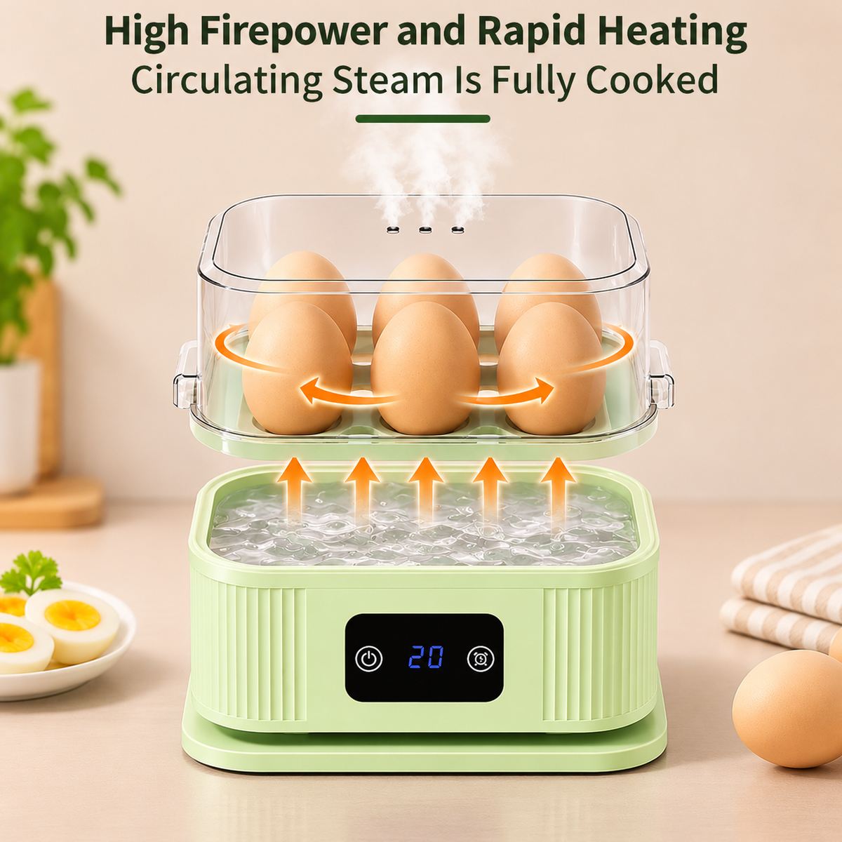 Person placing eggs into a mint green electric cooker before starting breakfast preparation.
