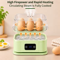 Person placing eggs into a mint green electric cooker before starting breakfast preparation.