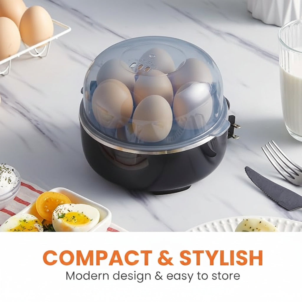 easy electric egg cooker with 7 egg capacity in classic black finish