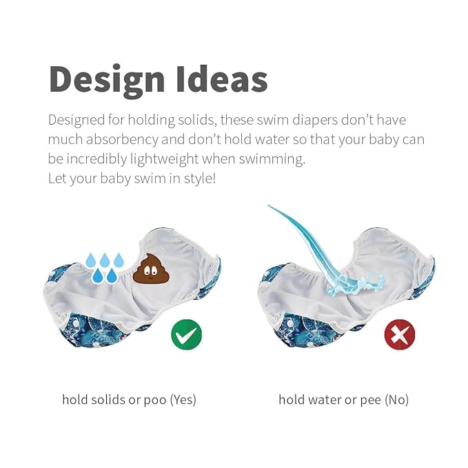 Eco-friendly swim diapers, reusable and adjustable, perfect for baby and toddler swimming.