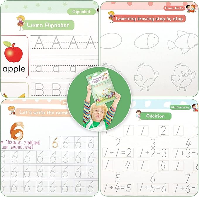 Educational materials for learning alphabet, numbers, and drawing with a child holding a book.