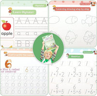 Educational materials for learning alphabet, numbers, and drawing with a child holding a book.