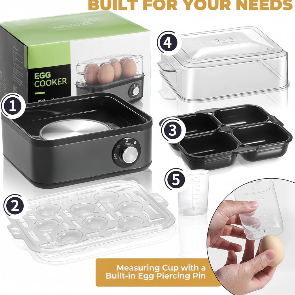 egg cooker with trays for boiling poaching steaming and omelet making