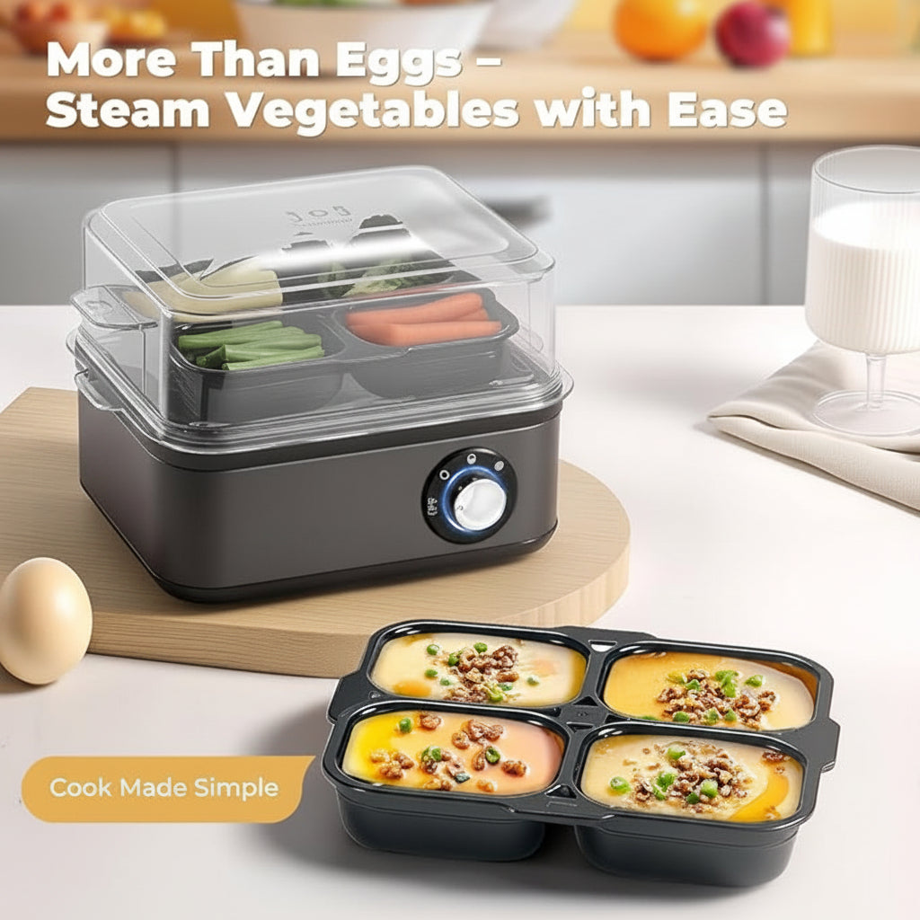 electric egg cooker with recipe guide book for simple breakfast ideas