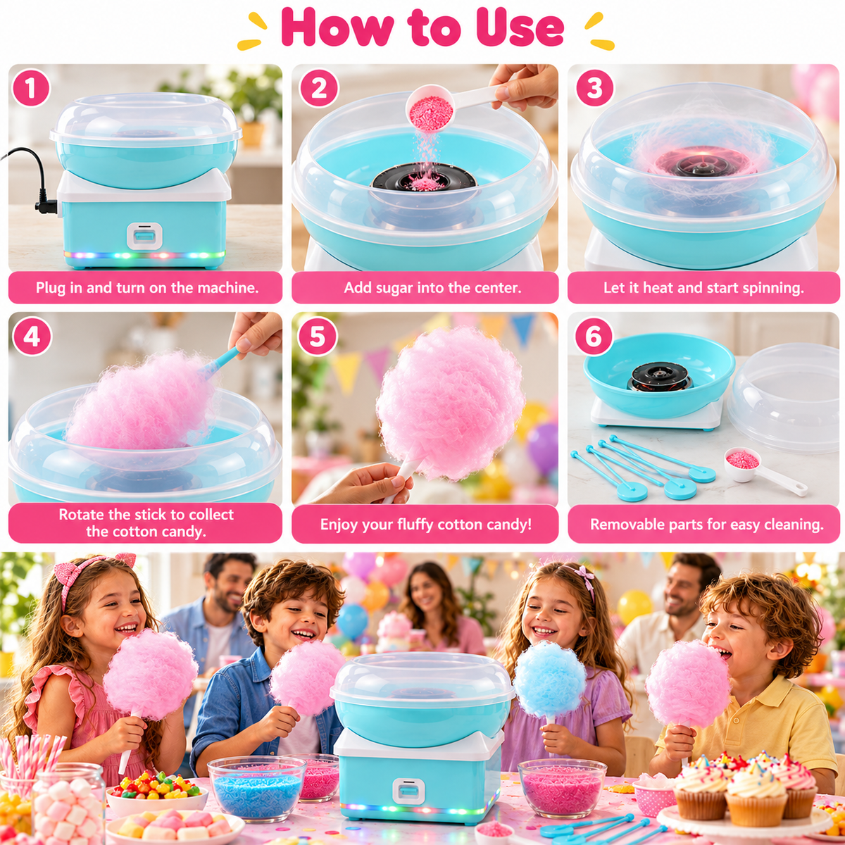 Blue electric candy floss maker displayed on a kitchen countertop for homemade sweet treats.