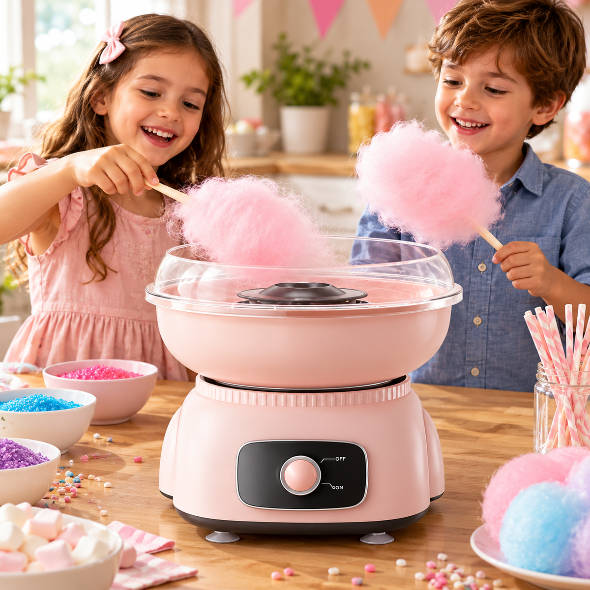 Compact electric cotton candy maker in pink, designed for homemade candy floss and family celebrations.