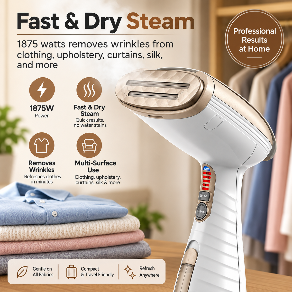 Portable Handheld Garment Steamer with 3 Attachments