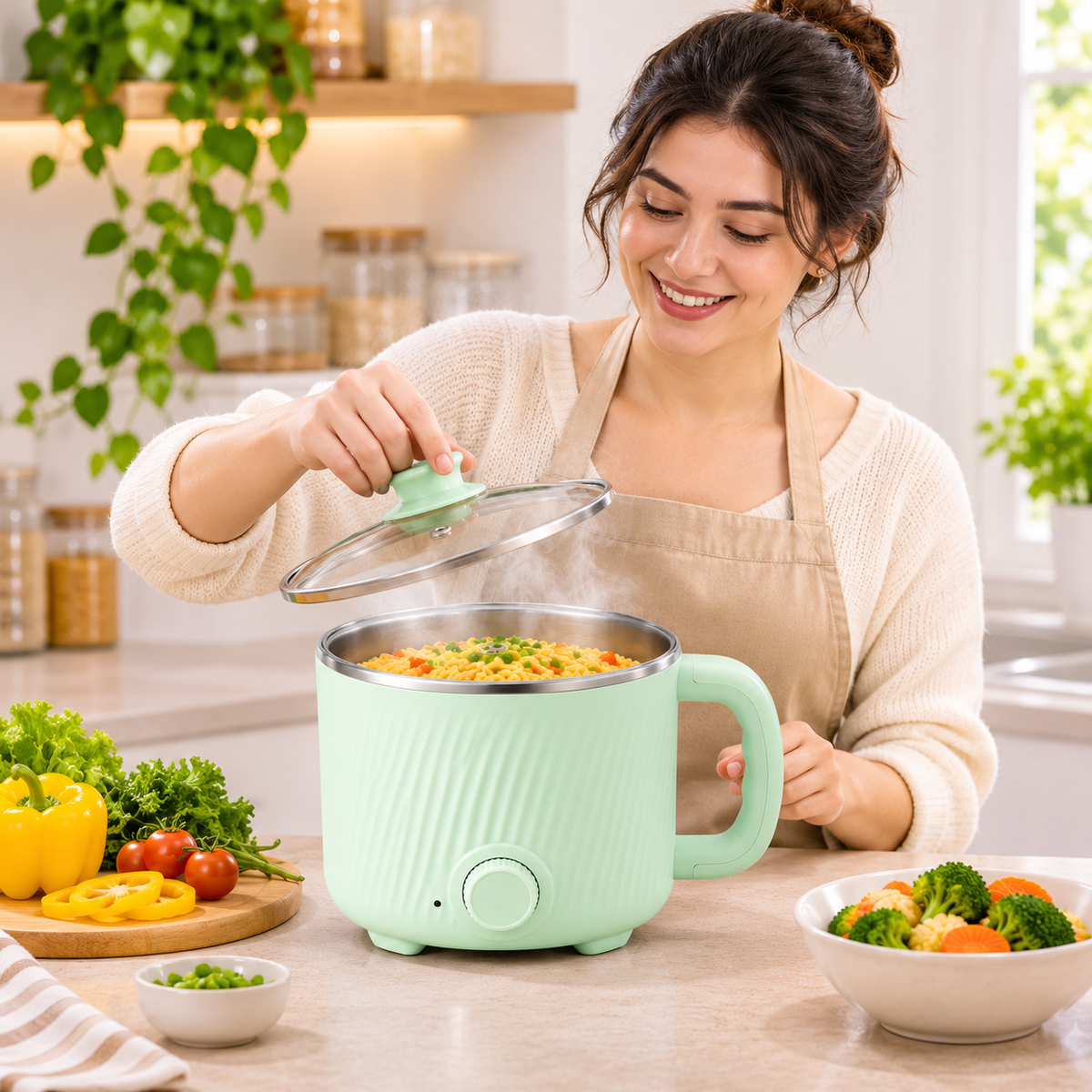 Compact electric cooker preparing instant noodles on a kitchen countertop.