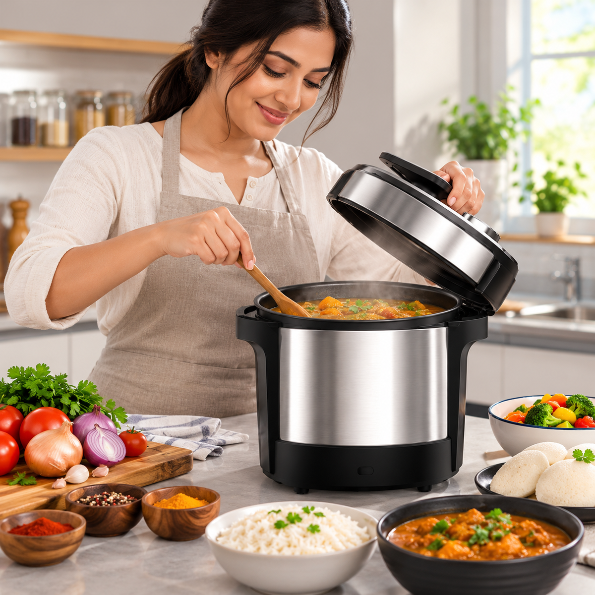 Automatic kitchen appliance preparing pounded yam mixture in a home cooking environment.