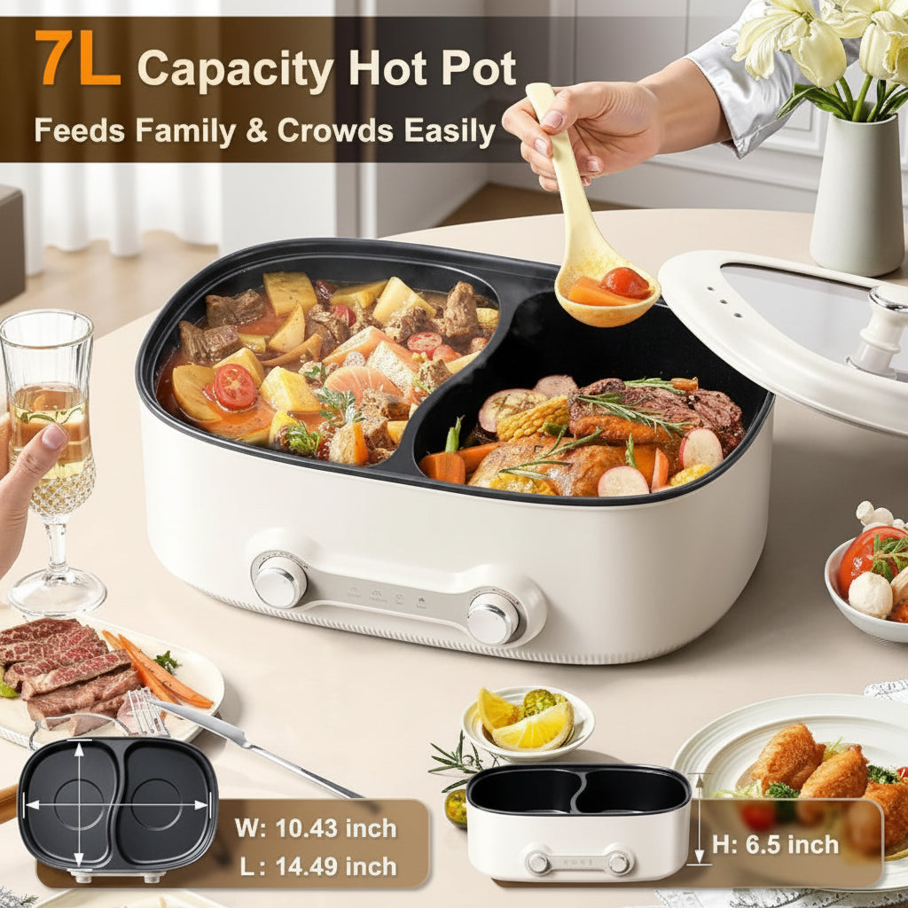Family Size 7L Electric Hot Pot with Dual Controls & Divider