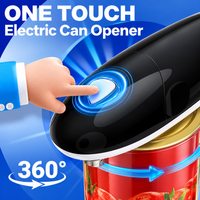 Compact black electric tin opener positioned on a modern kitchen countertop.