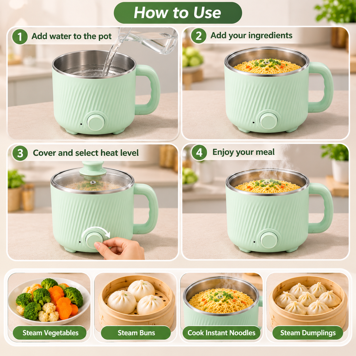 stainless steel food steamer used to prepare broccoli, carrots