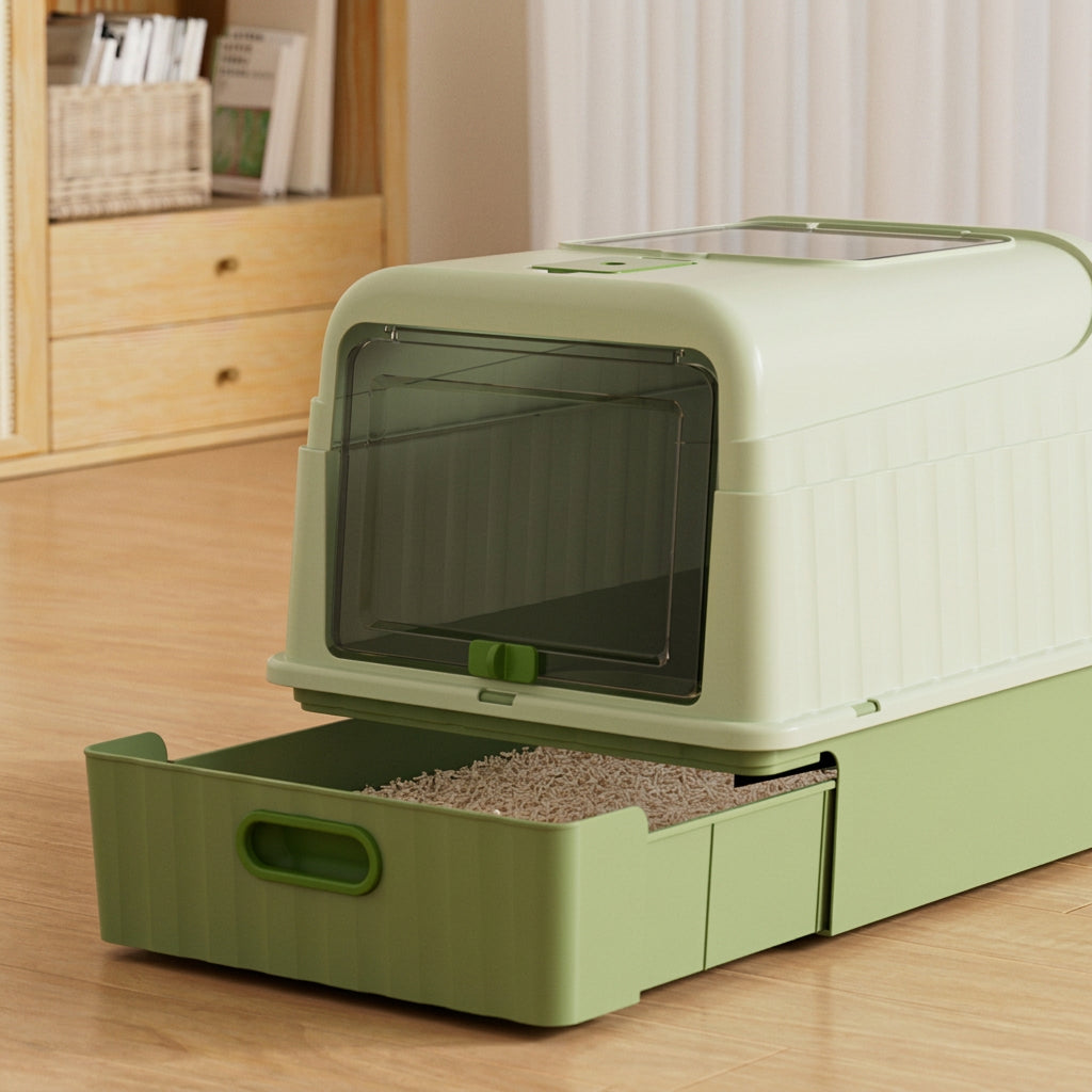 Enclosed cat toilet with raised sides for litter containment