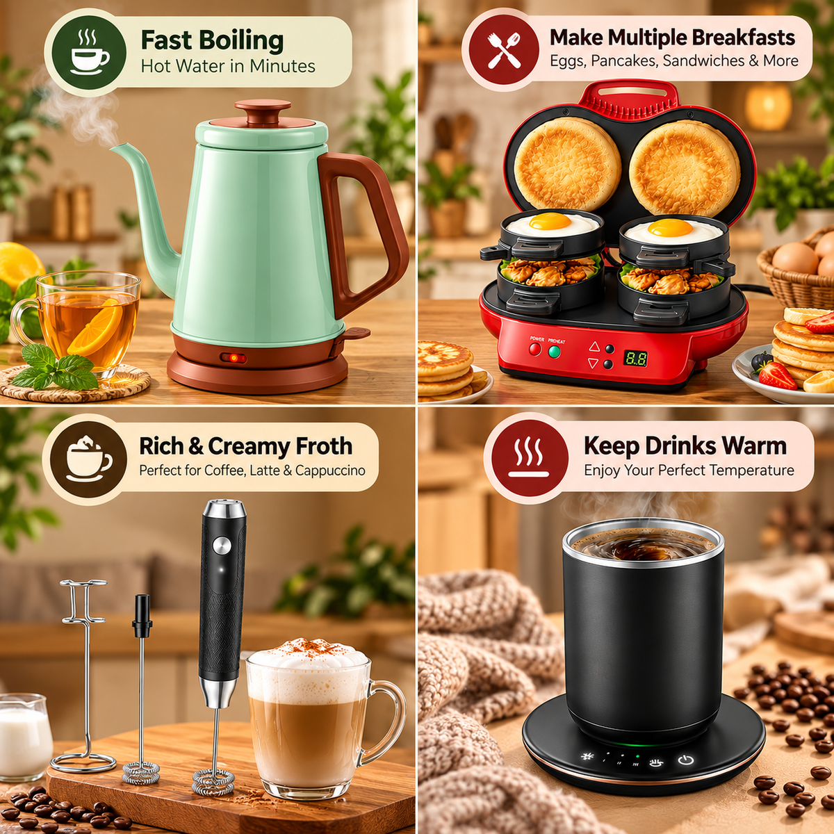 4-in-1 morning essentials bundle for preparing hot drinks, coffee and fresh breakfast foods