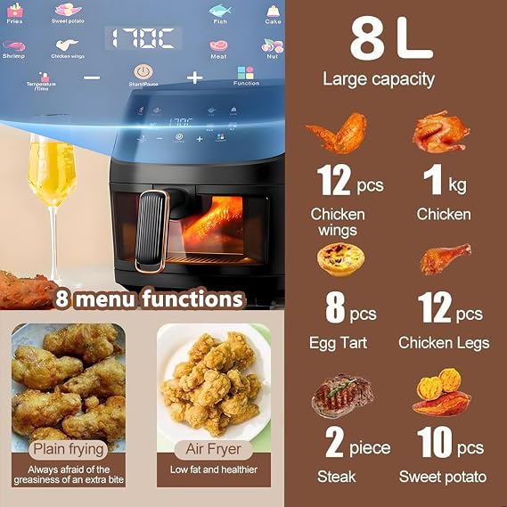 Black 8L Digital Air Fryer with Custom Presets