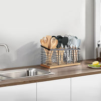 Farmhouse kitchen utensil holder with rustic wooden base