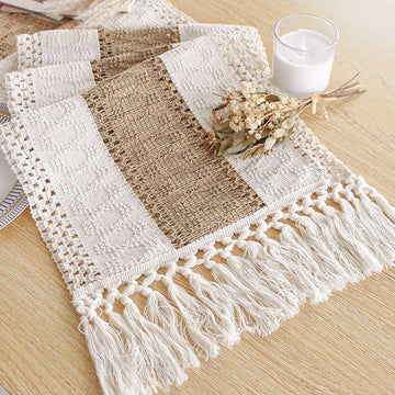 Beige macrame table runner for dining table