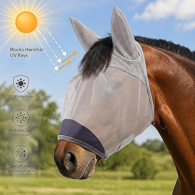Horse fly mask with fine mesh and ear cover for horses ponies and foals