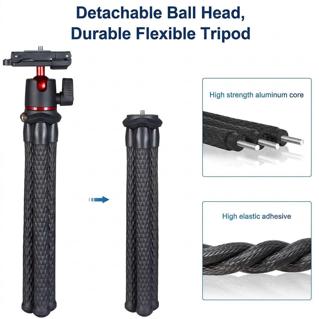 Flexible tripod with built-in phone holder for mobile content setup