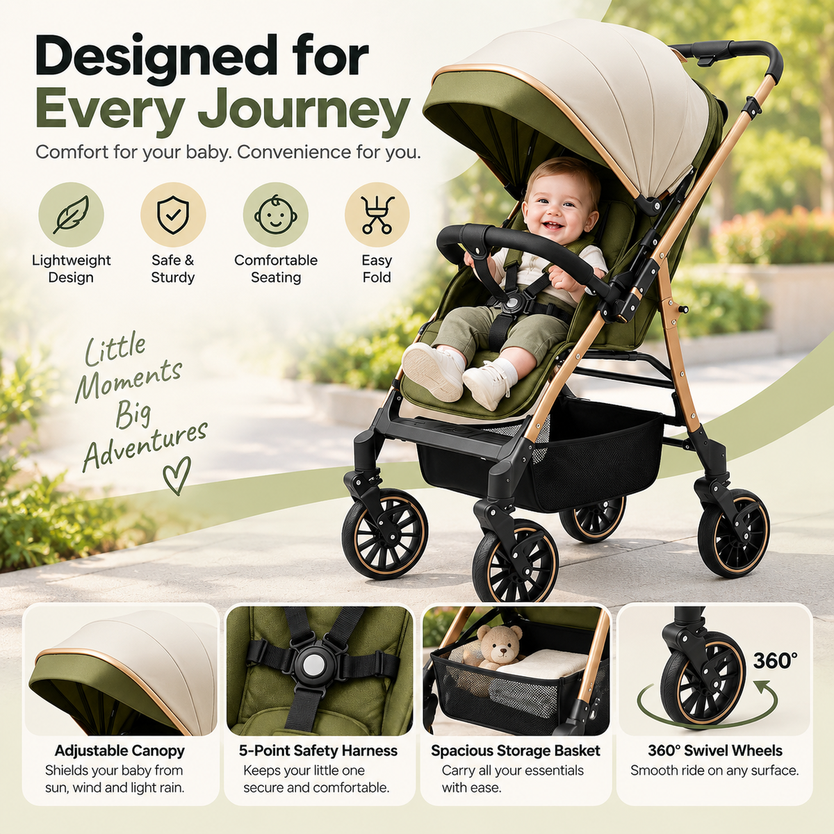 Foldable infant travel stroller featuring padded seating and spacious lower storage basket