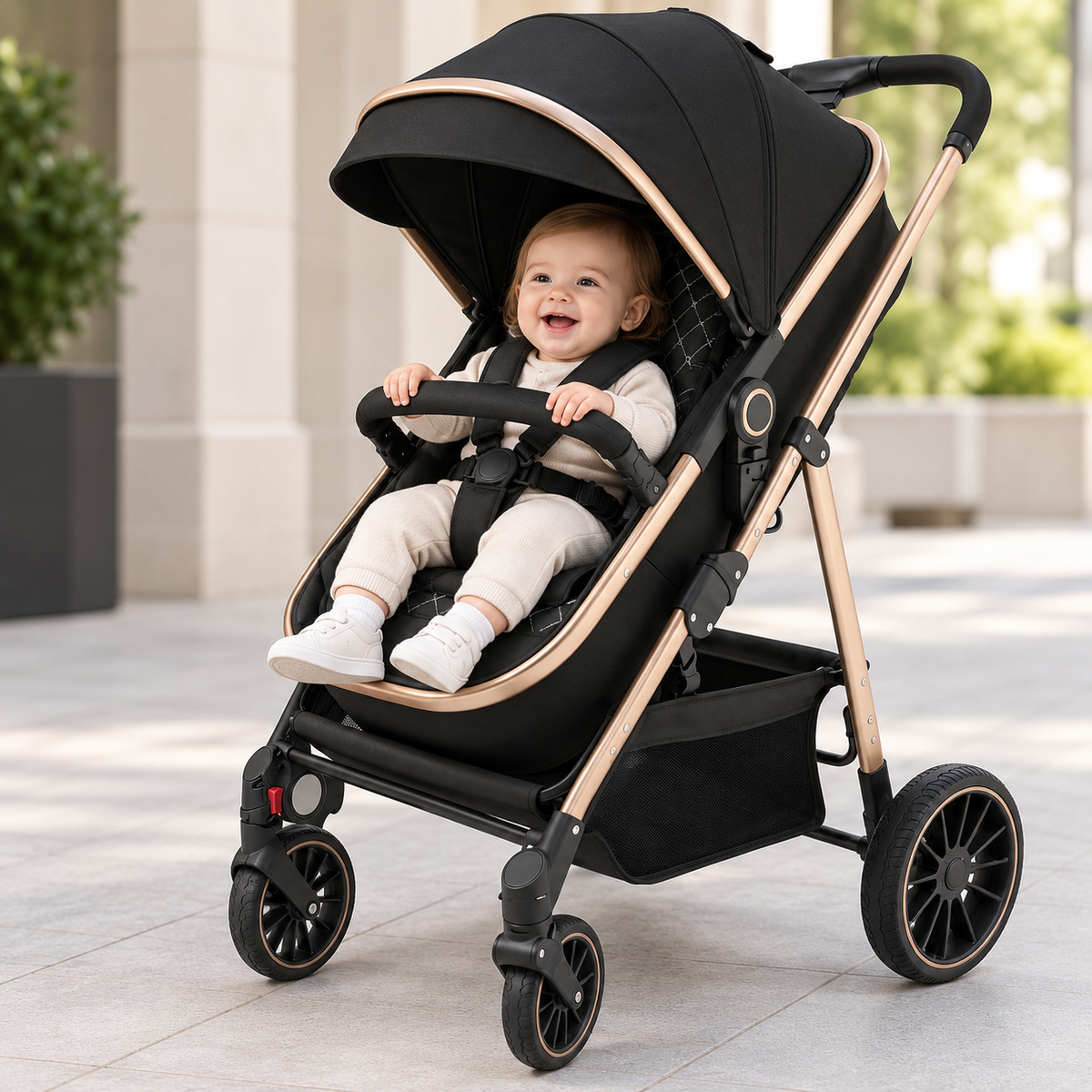 Foldable infant travel stroller featuring four-wheel design and spacious lower storage basket