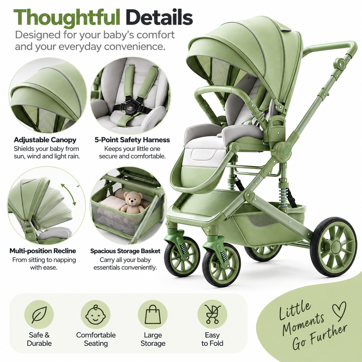 Foldable infant travel stroller featuring a practical frame and spacious lower storage basket