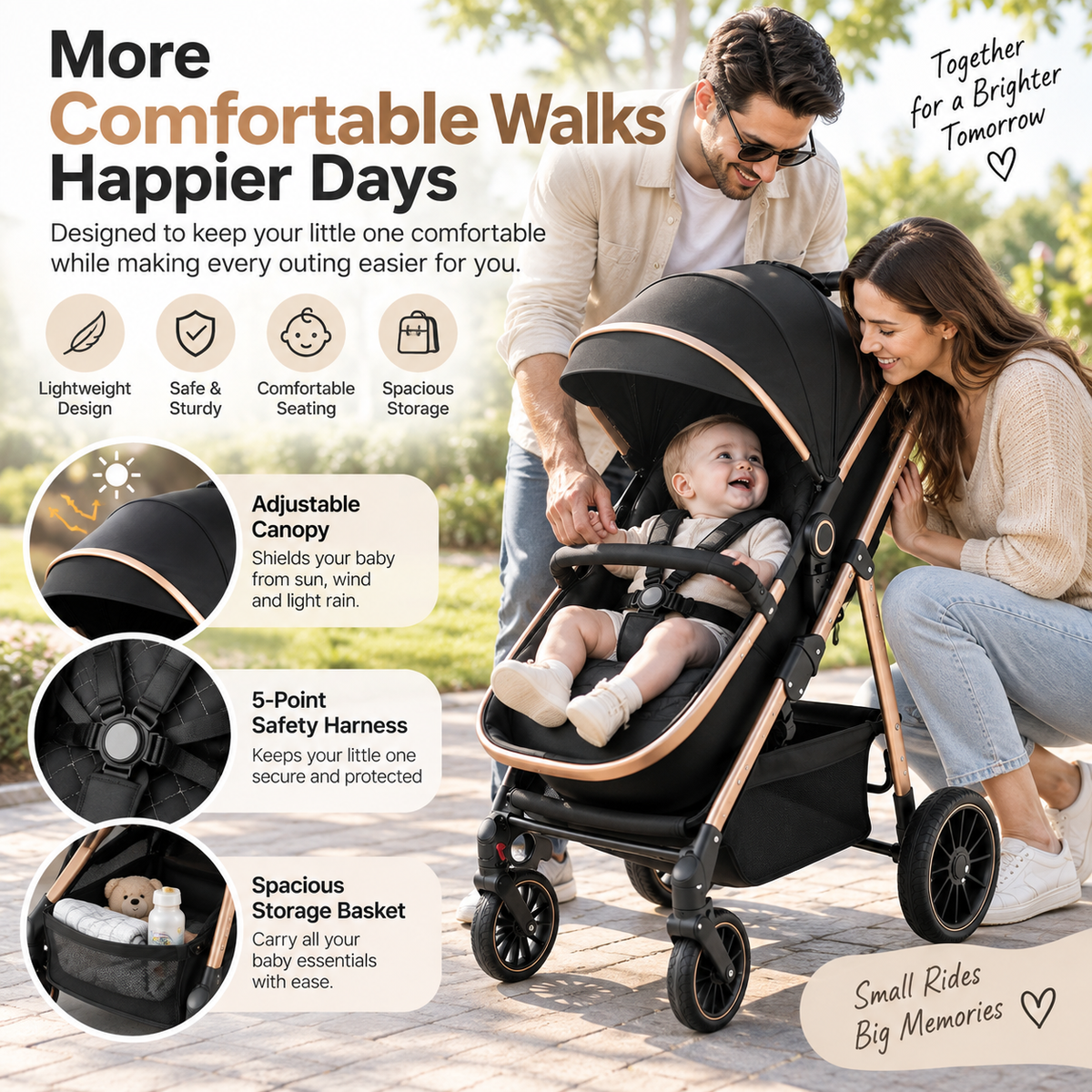 Folding baby pushchair with padded seating, integrated harness and large rear wheels