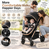 Folding baby pushchair with padded seating, integrated harness and large rear wheels