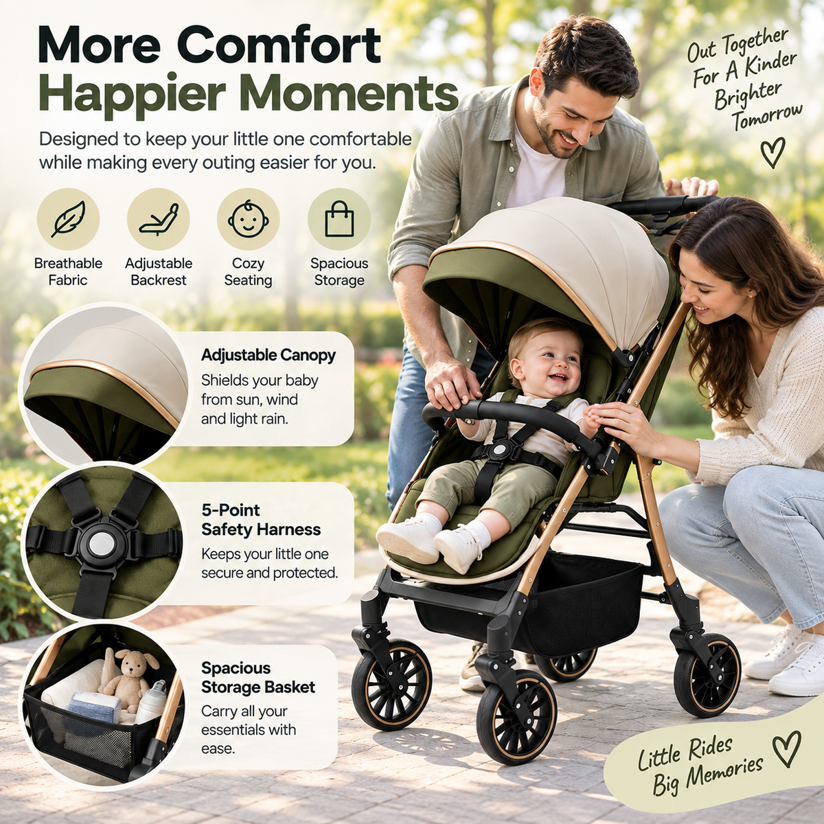 Folding stroller with large cream canopy, protective bumper bar and extended leg support