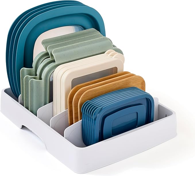 Food container lid organizer with adjustable dividers for kitchen cabinet storage.