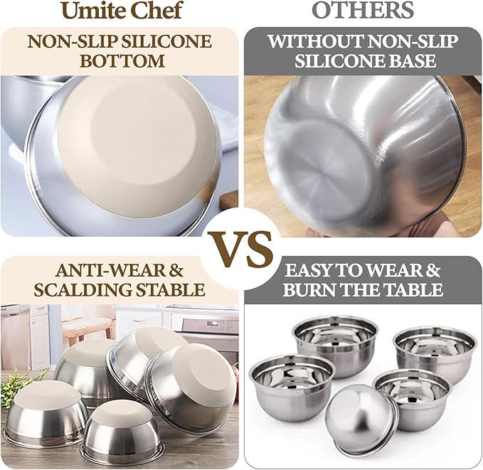 Stainless steel food prep bowls with lids and accessories for home cooking tasks.