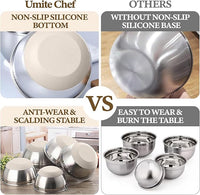 Stainless steel food prep bowls with lids and accessories for home cooking tasks.