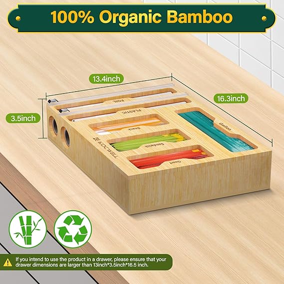 Food storage bag organizer with sections for gallon, quart, sandwich, and snack bags.