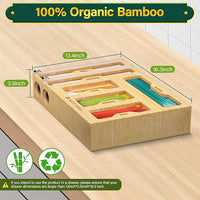 Food storage bag organizer with sections for gallon, quart, sandwich, and snack bags.