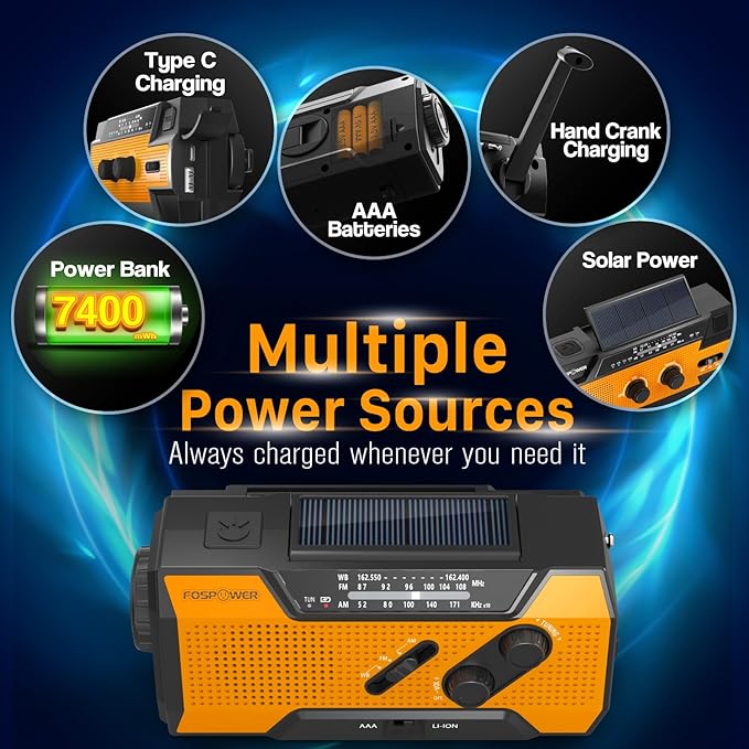 FosPower NOAA weather radio perfect for outdoor use, with solar panel, hand crank, and emergency features.