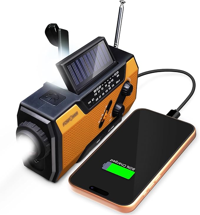 FosPower NOAA Emergency Weather Radio A1 in orange with AM/FM, SOS alarm, and flashlight for emergencies.