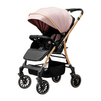 Four wheel baby travel pram with swivel-style front wheels and compact folding frame