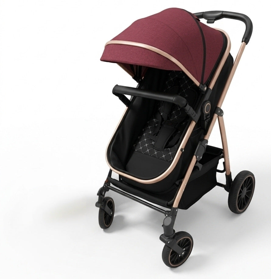 Four wheel baby travel pram with front swivel-style wheels and modern black seating design