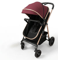 Four wheel baby travel pram with front swivel-style wheels and modern black seating design