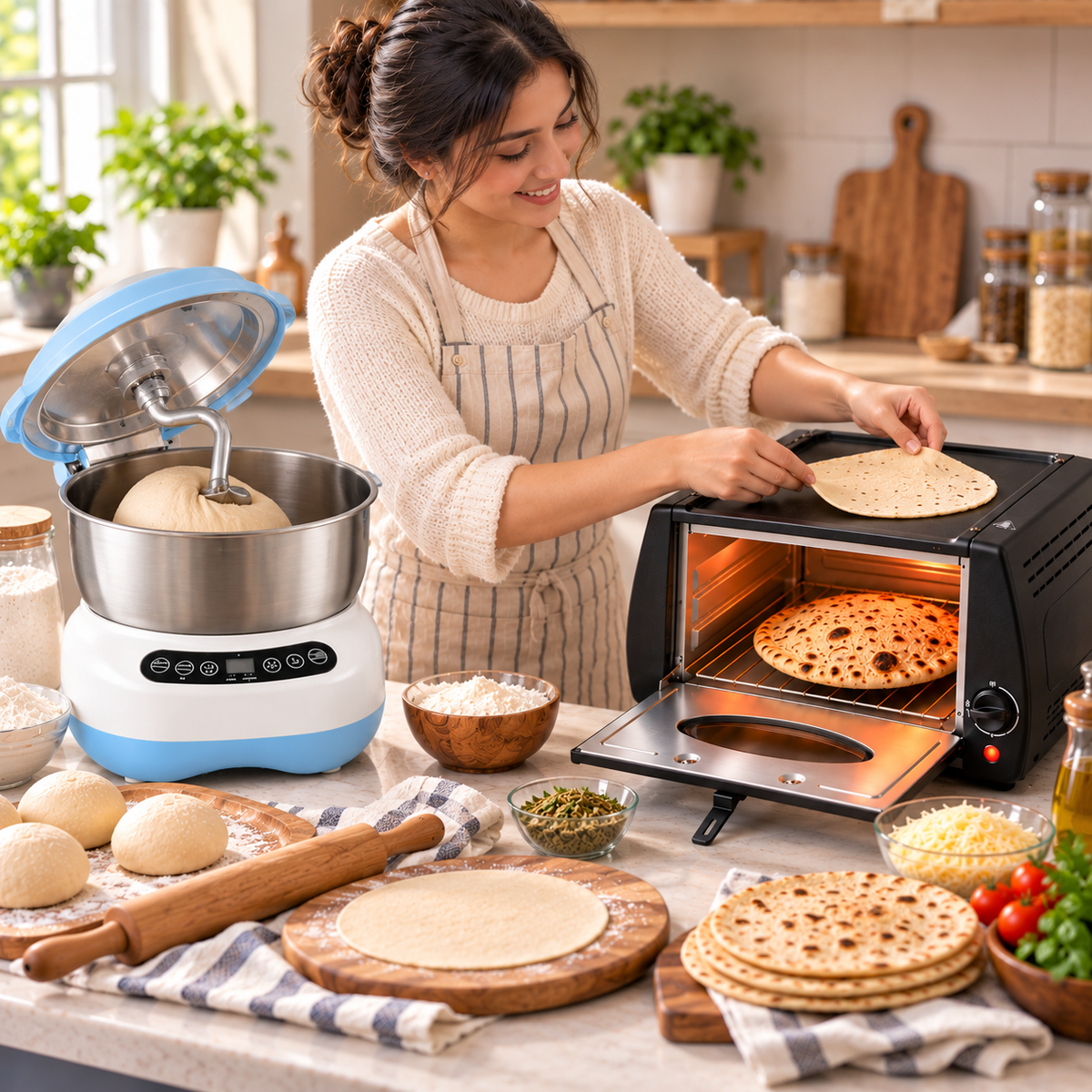 electric dough maker preparing fresh dough for homemade pizza, roti and naan