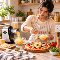 Electric cheese grater shredding fresh cheese and vegetables for homemade pizza toppings