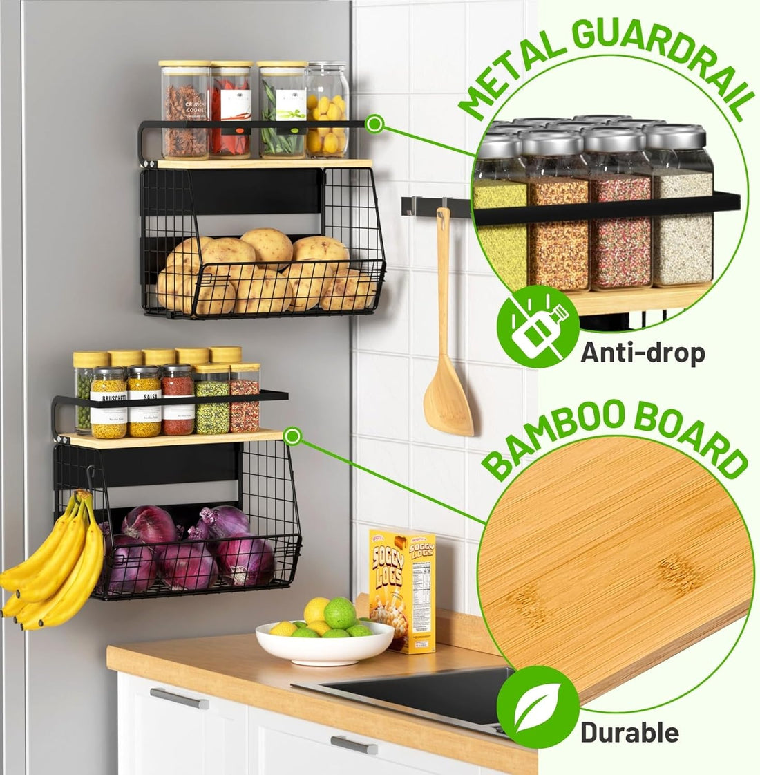 Fridge side organizer bin for storing spices, fruits, onions, potatoes, and kitchen items.