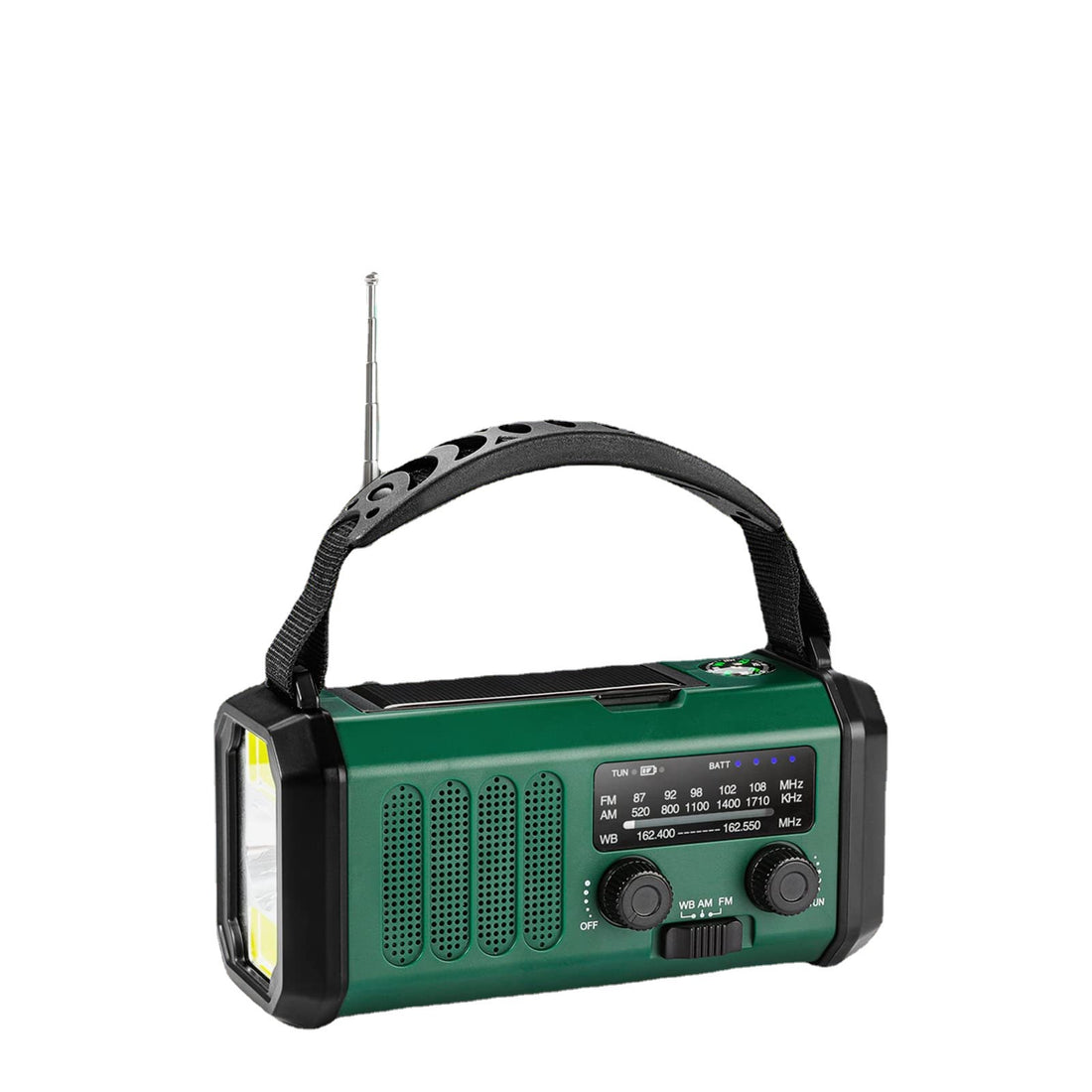  Full Band Radio in military green with built-in speaker, USB charging, and 50 station storage.